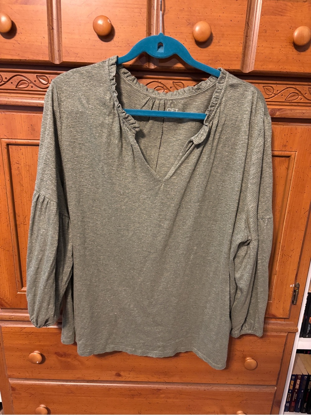 LOFT Olive Green Ruffle V-Neck Long Sleeve Tunic